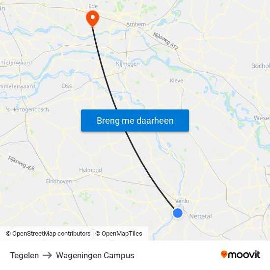 Tegelen to Wageningen Campus map