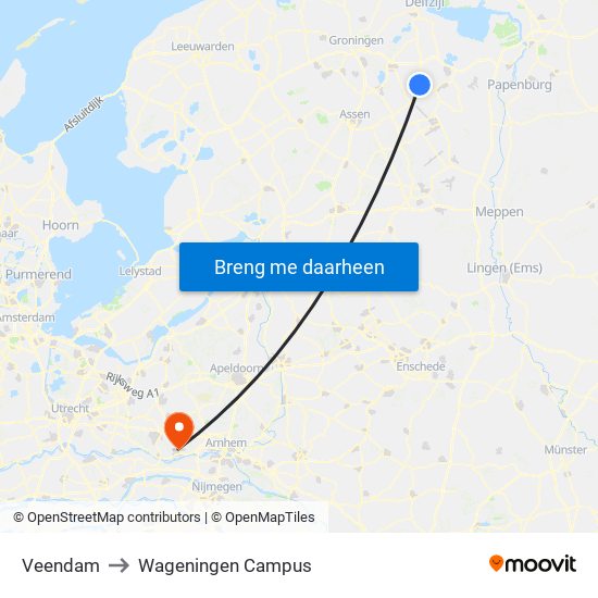 Veendam to Wageningen Campus map