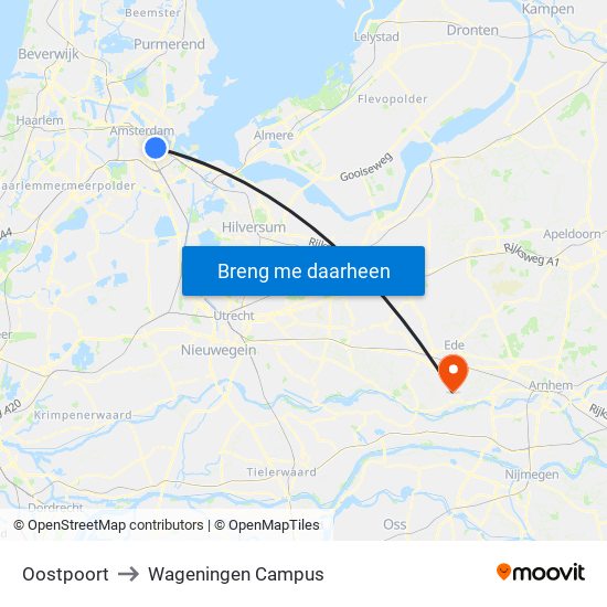 Oostpoort to Wageningen Campus map