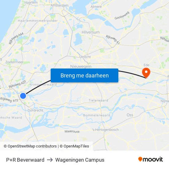 P+R Beverwaard to Wageningen Campus map