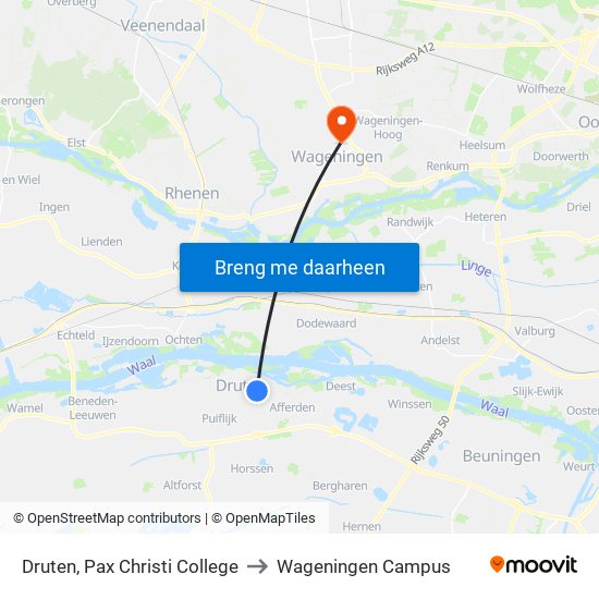 Druten, Pax Christi College to Wageningen Campus map