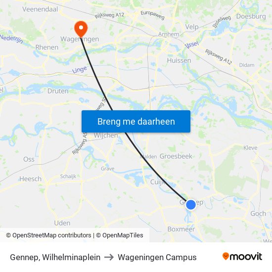 Gennep, Wilhelminaplein to Wageningen Campus map