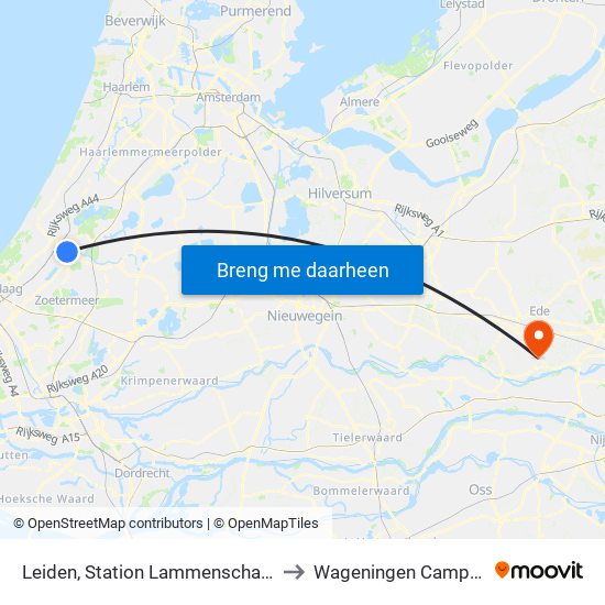 Leiden, Station Lammenschans to Wageningen Campus map