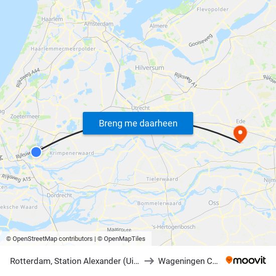 Rotterdam, Station Alexander (Uitstaphalte) to Wageningen Campus map