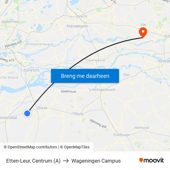 Etten-Leur, Centrum (A) to Wageningen Campus map