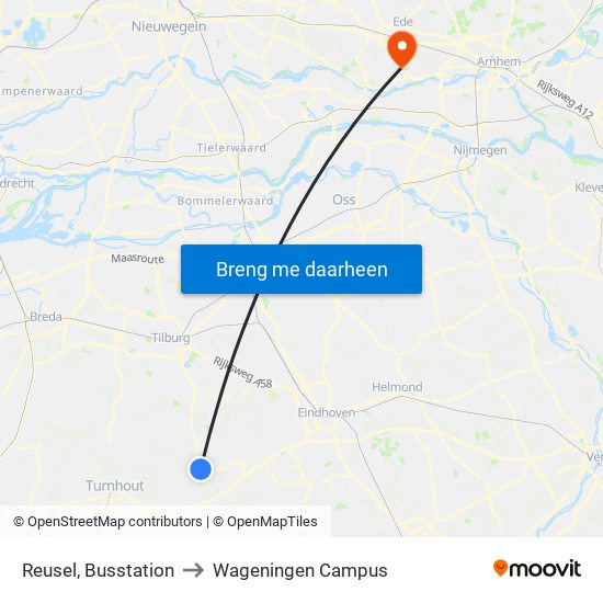 Reusel, Busstation to Wageningen Campus map