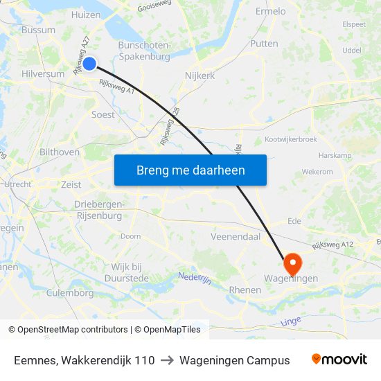 Eemnes, Wakkerendijk 110 to Wageningen Campus map