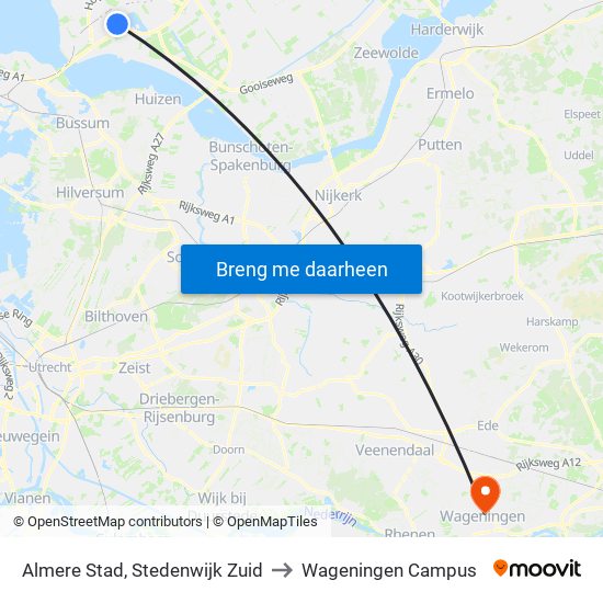 Almere Stad, Stedenwijk Zuid to Wageningen Campus map