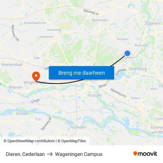 Dieren, Cederlaan to Wageningen Campus map