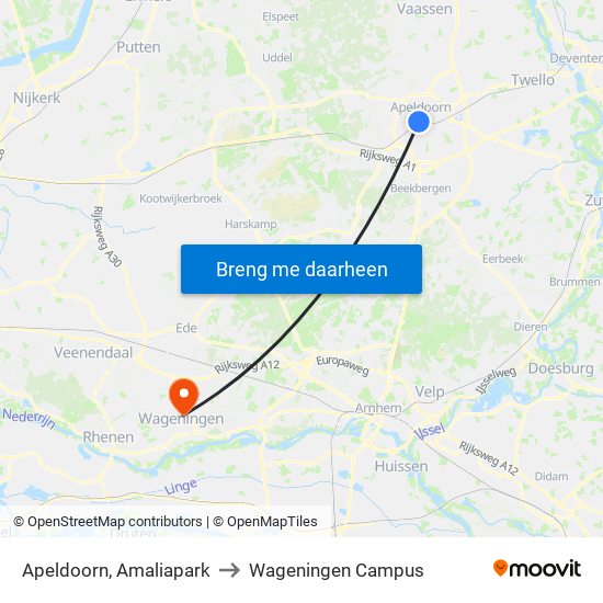 Apeldoorn, Amaliapark to Wageningen Campus map