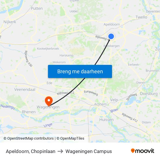 Apeldoorn, Chopinlaan to Wageningen Campus map