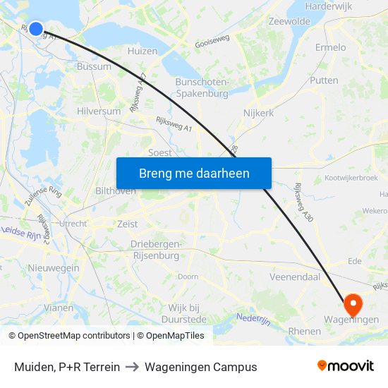 Muiden, P+R Terrein to Wageningen Campus map