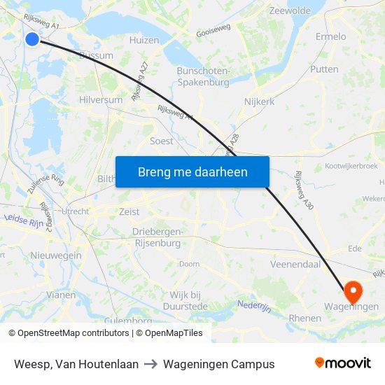 Weesp, Van Houtenlaan to Wageningen Campus map