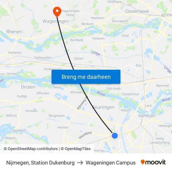 Nijmegen, Station Dukenburg to Wageningen Campus map