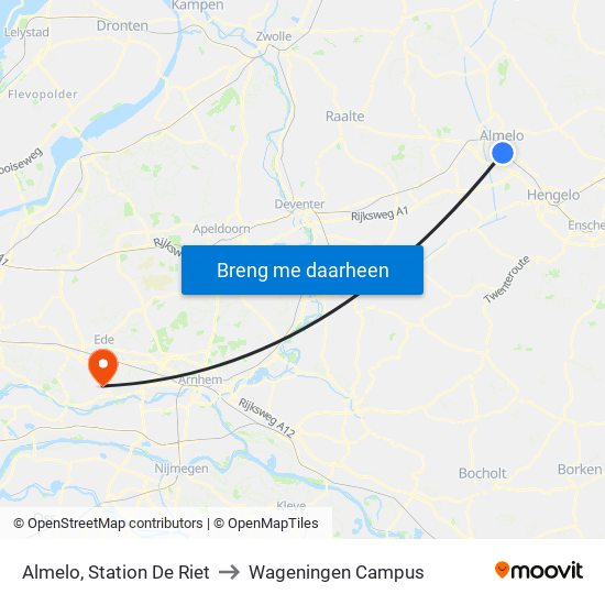 Almelo, Station De Riet to Wageningen Campus map