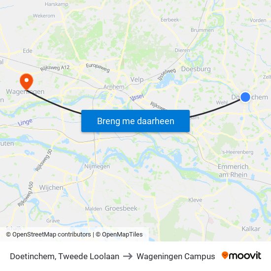 Doetinchem, Tweede Loolaan to Wageningen Campus map