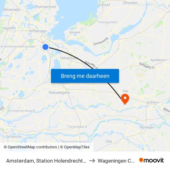 Amsterdam, Station Holendrecht (Perron H) to Wageningen Campus map