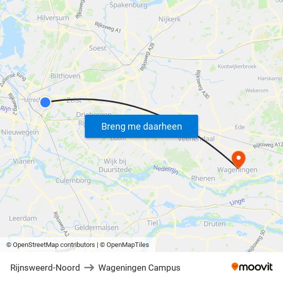 Rijnsweerd-Noord to Wageningen Campus map