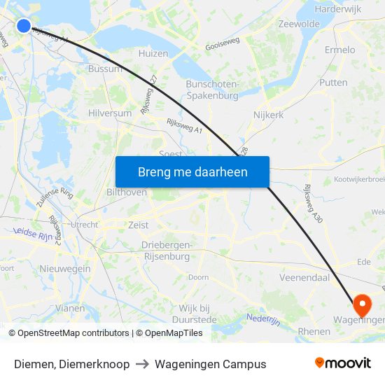 Diemen, Diemerknoop to Wageningen Campus map