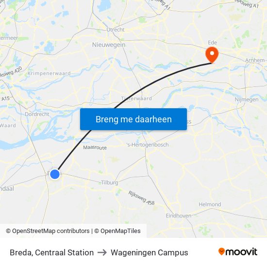 Breda, Centraal Station to Wageningen Campus map