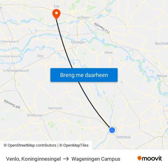 Venlo, Koninginnesingel to Wageningen Campus map