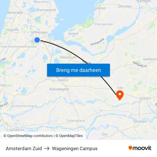 Amsterdam Zuid to Wageningen Campus map