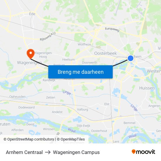 Arnhem Centraal to Wageningen Campus map