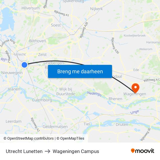 Utrecht Lunetten to Wageningen Campus map