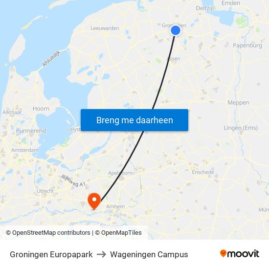 Groningen Europapark to Wageningen Campus map