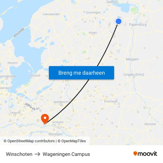Winschoten to Wageningen Campus map
