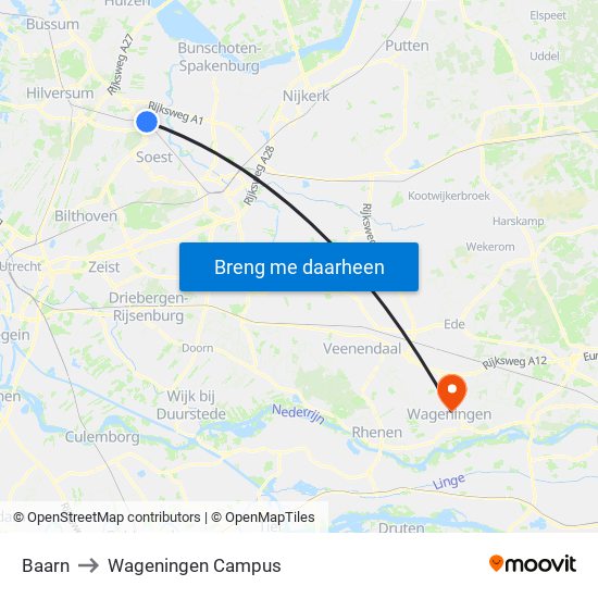 Baarn to Wageningen Campus map