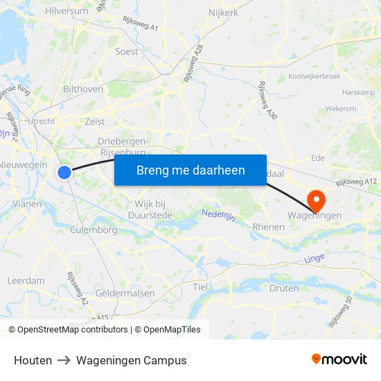 Houten to Wageningen Campus map