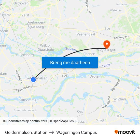 Geldermalsen, Station to Wageningen Campus map