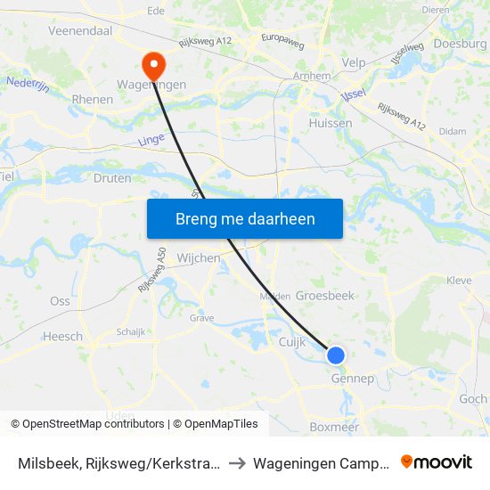 Milsbeek, Rijksweg/Kerkstraat to Wageningen Campus map