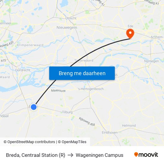 Breda, Centraal Station (R) to Wageningen Campus map