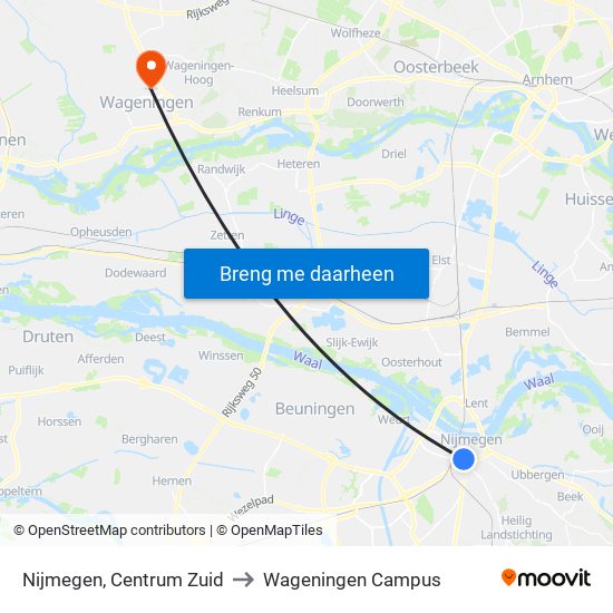 Nijmegen, Centrum Zuid to Wageningen Campus map