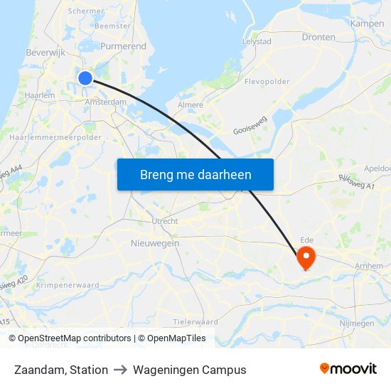 Zaandam, Station to Wageningen Campus map