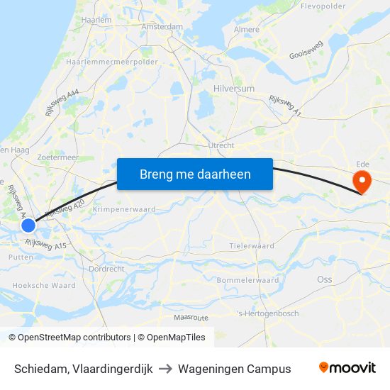Schiedam, Vlaardingerdijk to Wageningen Campus map