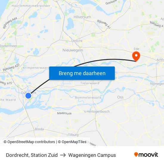 Dordrecht, Station Zuid to Wageningen Campus map
