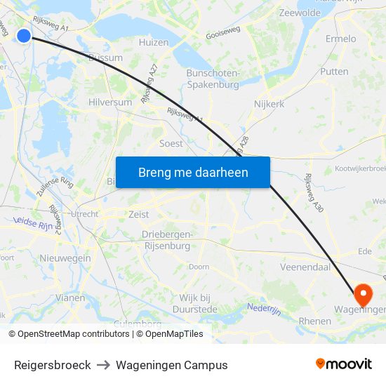 Reigersbroeck to Wageningen Campus map