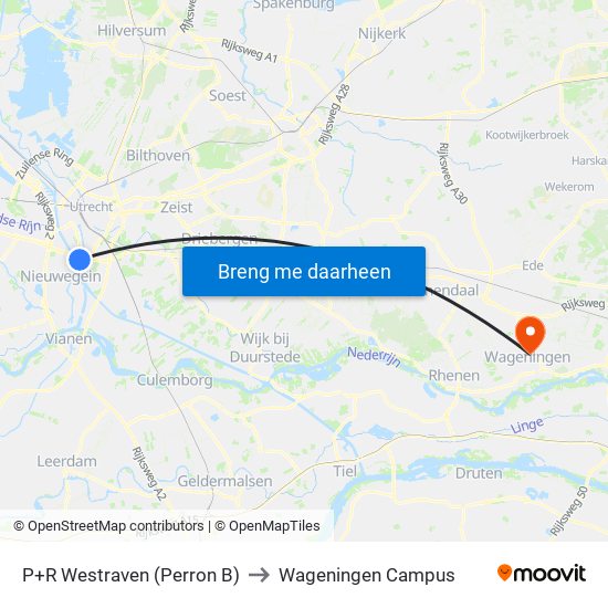 P+R Westraven (Perron B) to Wageningen Campus map