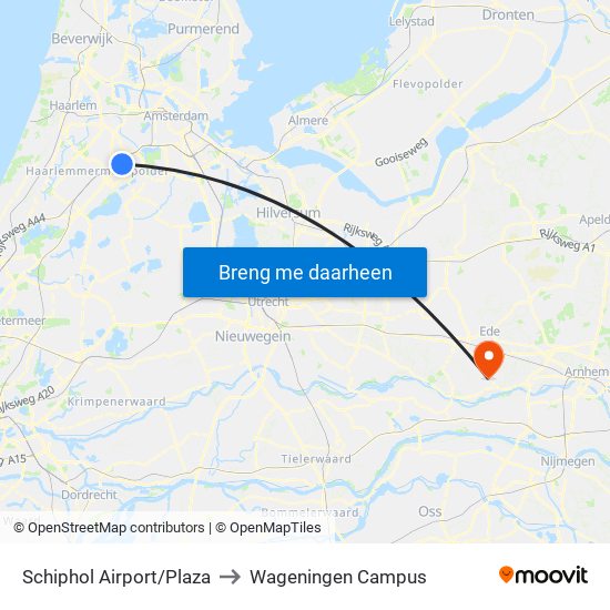 Schiphol Airport/Plaza to Wageningen Campus map