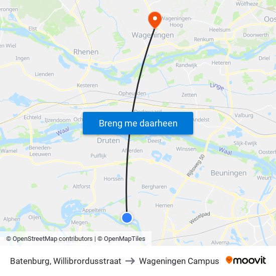 Batenburg, Willibrordusstraat to Wageningen Campus map