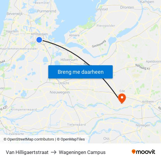 Van Hilligaertstraat to Wageningen Campus map