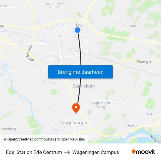 Ede, Station Ede Centrum to Wageningen Campus map
