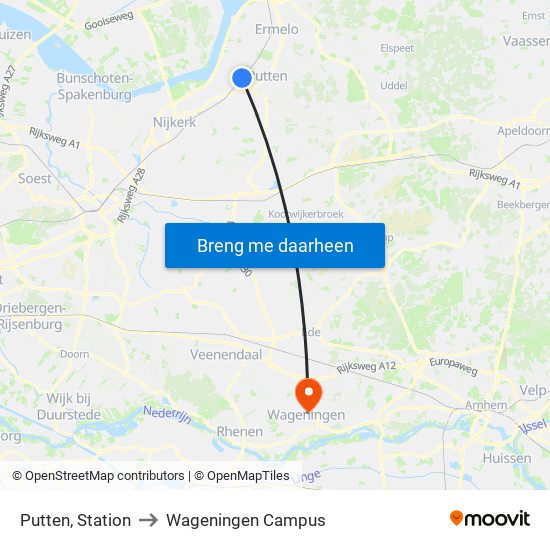 Putten, Station to Wageningen Campus map