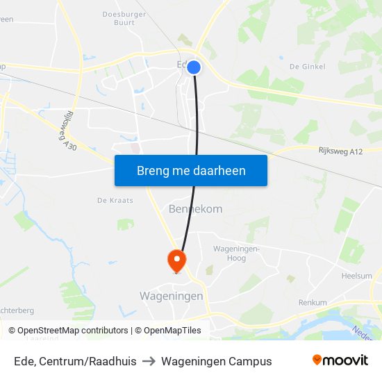 Ede, Centrum/Raadhuis to Wageningen Campus map