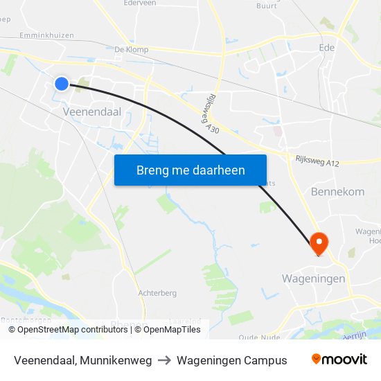 Veenendaal, Munnikenweg to Wageningen Campus map