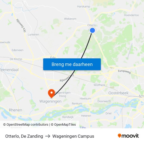 Otterlo, De Zanding to Wageningen Campus map