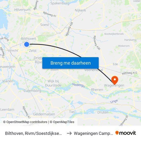 Bilthoven, Rivm/Soestdijkseweg to Wageningen Campus map